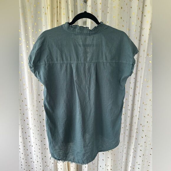 Wearables Belita Ruffle Split V Neck Linen-Blend Short Sleeve Raw Hemline Top XS - Picture 5 of 8